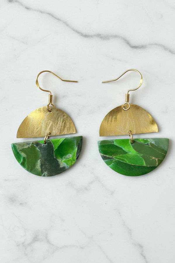 Bright green marble brass semi circle dangle earrings, handmade polymer clay — Hammer & Thread