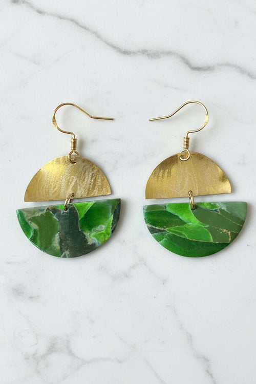 Bright green marble brass semi circle dangle earrings, handmade polymer clay — Hammer & Thread
