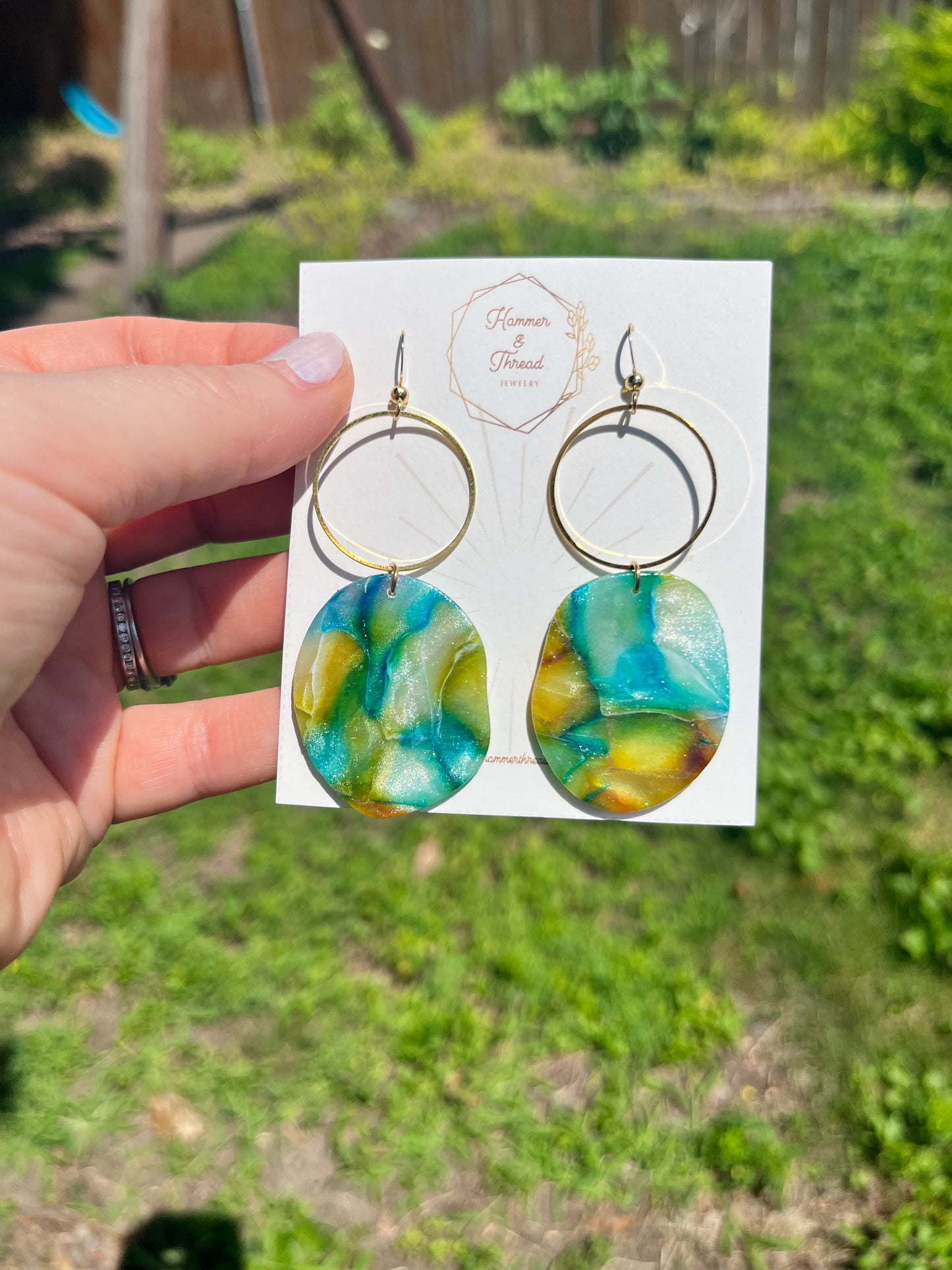 Watercolor Pebble and Brass Circle Dangle Earrings