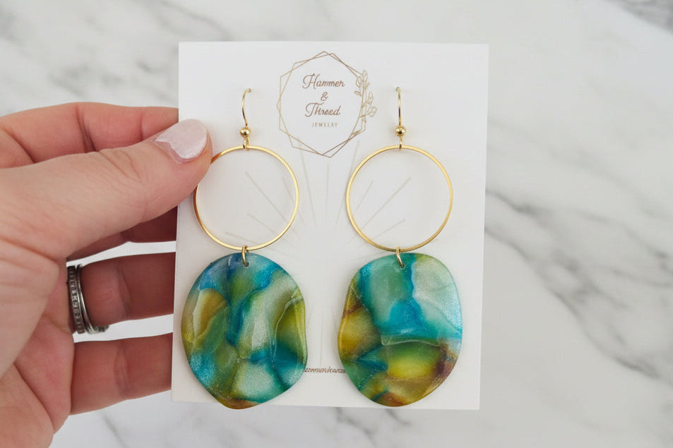 Watercolor Pebble and Brass Circle Dangle Earrings