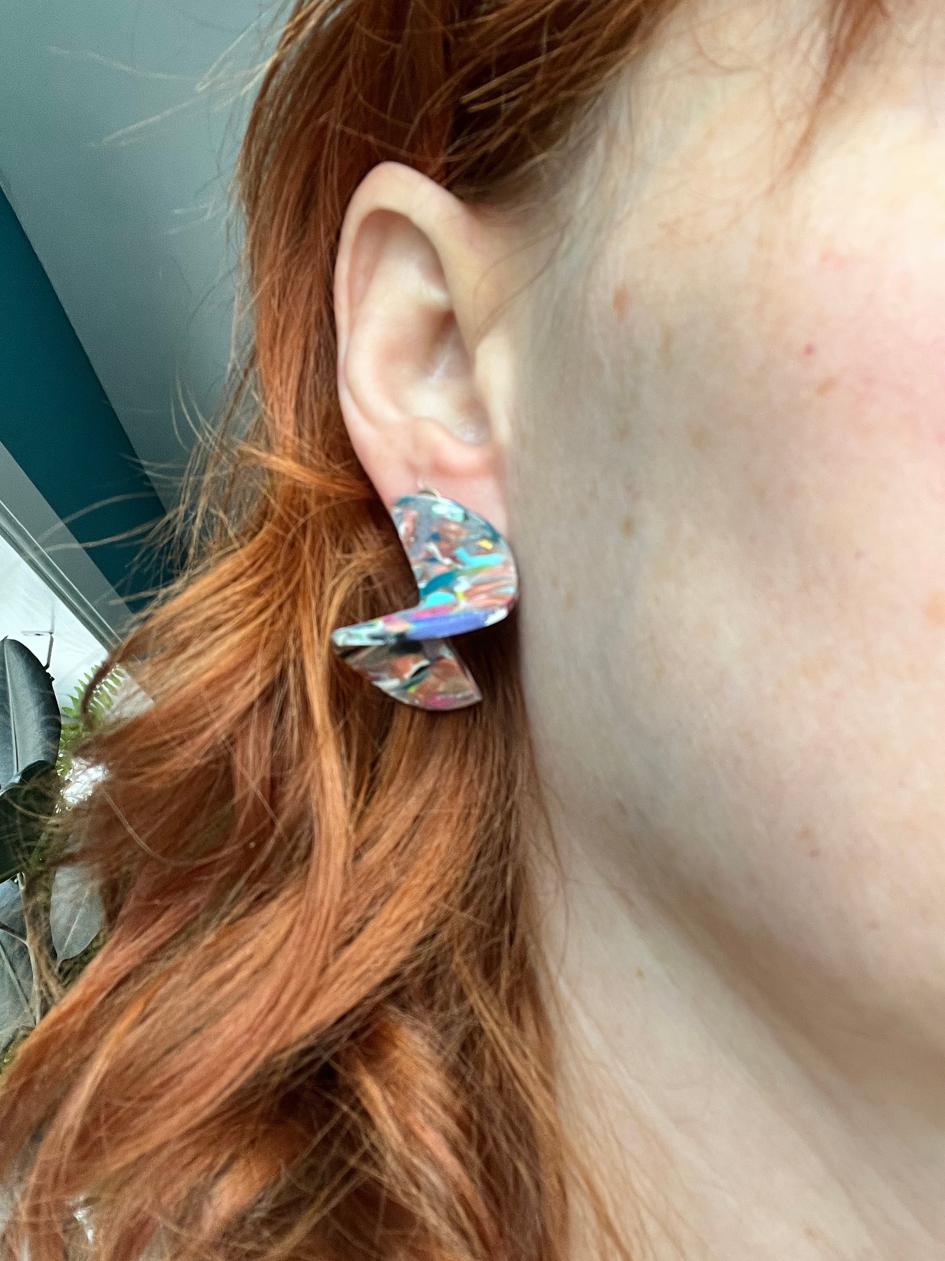 Big ripple technicolor dangle earrings, handmade polymer clay — Hammer & Thread