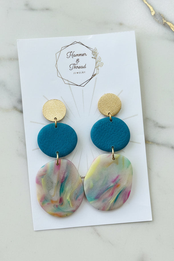 Tiered Teal and Matte Rainbow Pebbles Dangle Earrings