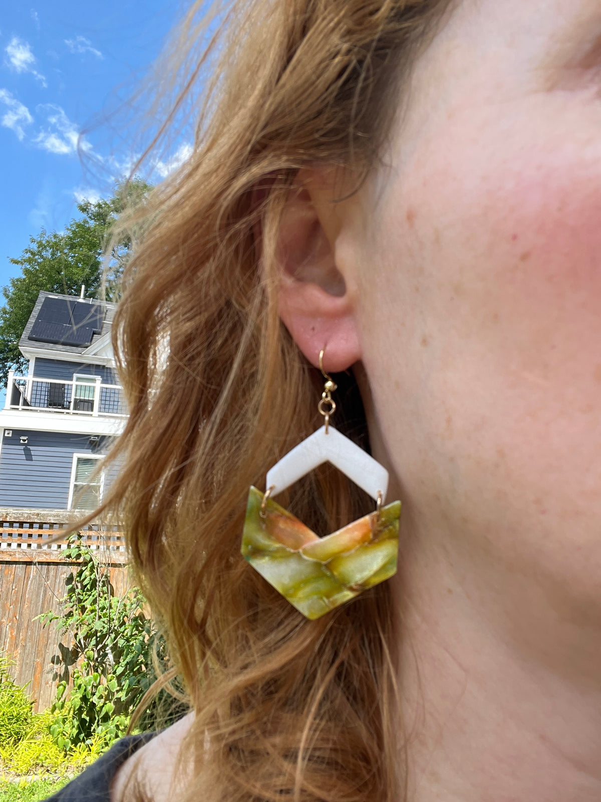 White Sparkly and Green Marbled Chevron Dangle Earrings