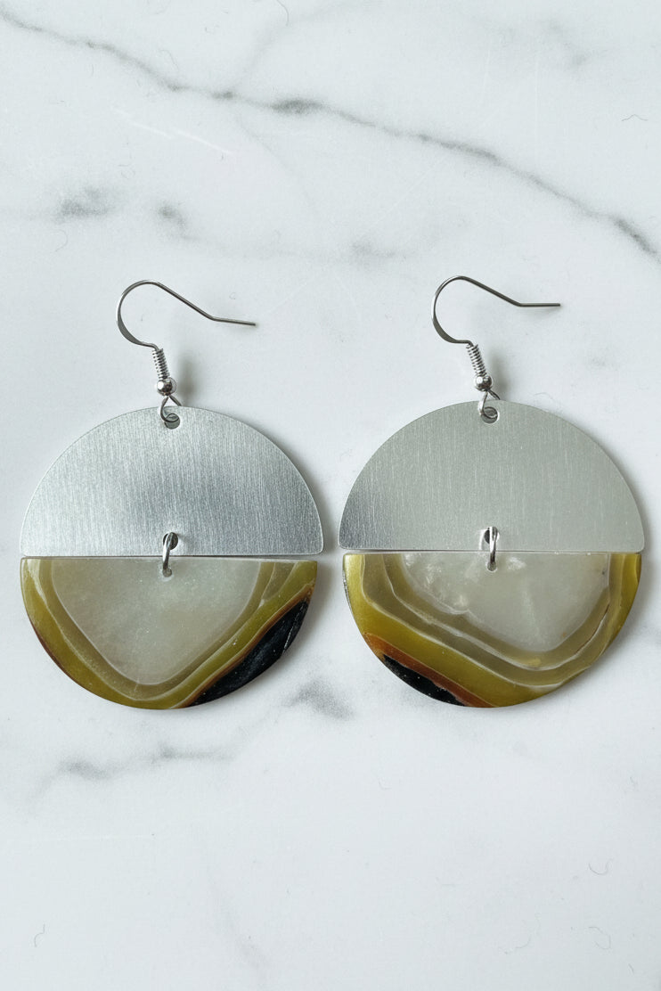 Earthy agate sterling silver semi circle dangle earrings, handmade polymer clay — Hammer & Thread