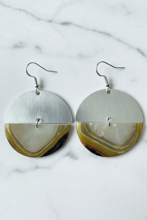 Earthy agate sterling silver semi circle dangle earrings, handmade polymer clay — Hammer & Thread