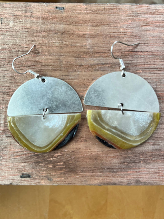 Earthy agate sterling silver semi circle dangle earrings, handmade polymer clay — Hammer & Thread