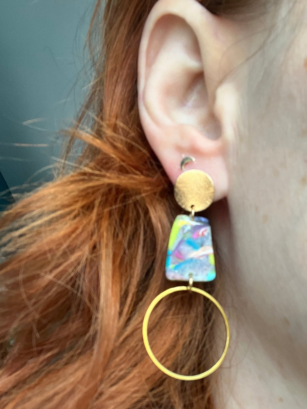 Technicolor modern geometric dangle earrings, handmade polymer clay — Hammer & Thread