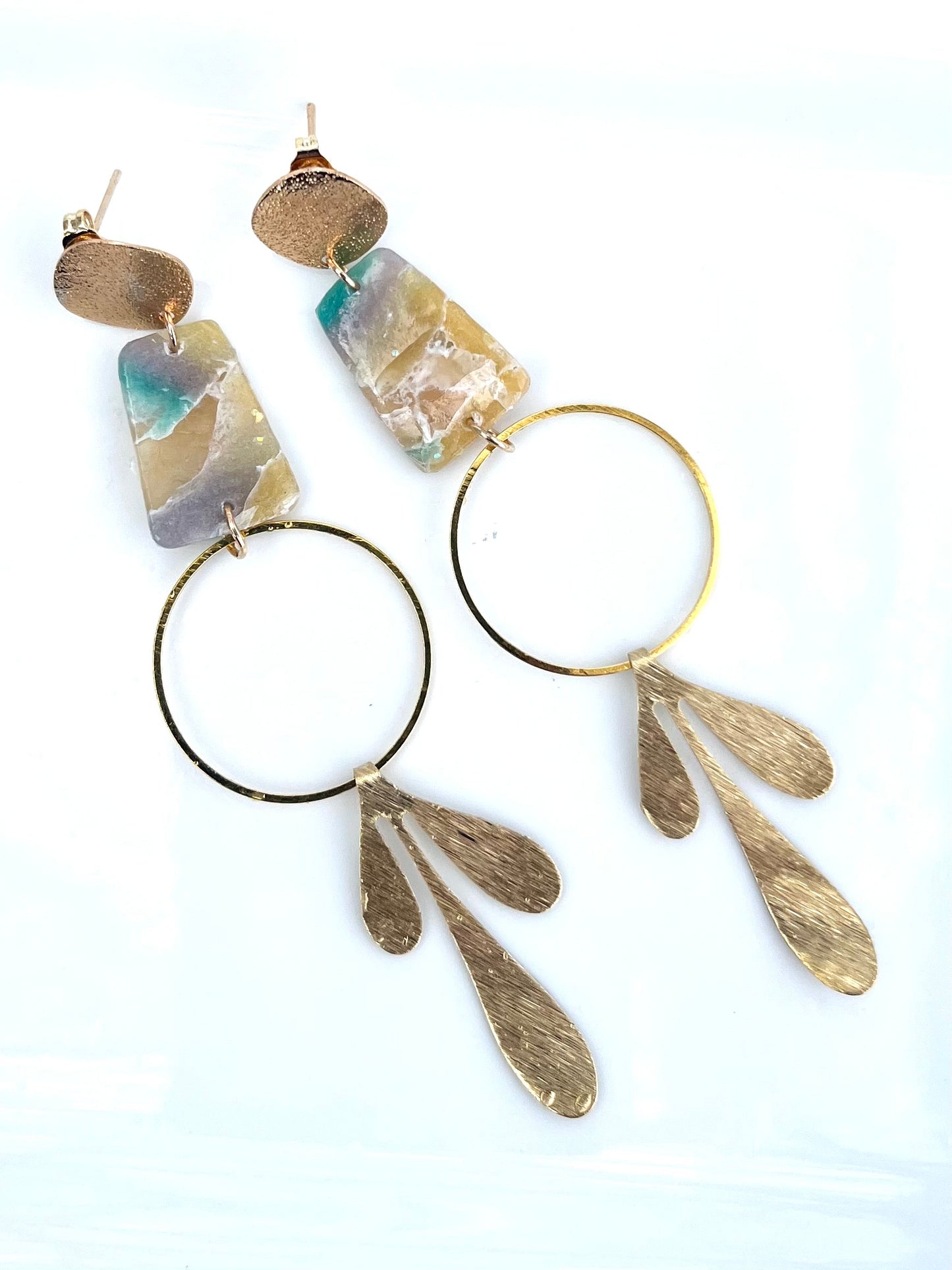 Geometric Long Dangle Earrings - High Shine Faux Stone