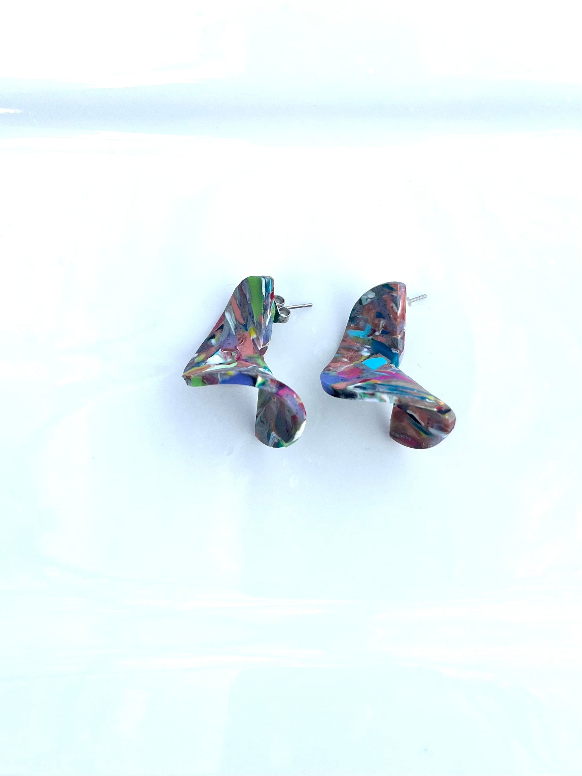 Big ripple technicolor dangle earrings, handmade polymer clay — Hammer & Thread