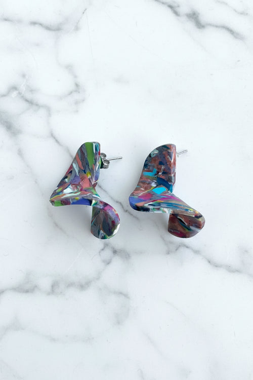 Big ripple technicolor dangle earrings, handmade polymer clay — Hammer & Thread