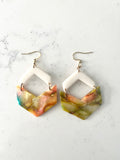 White Sparkly and Green Marbled Chevron Dangle Earrings
