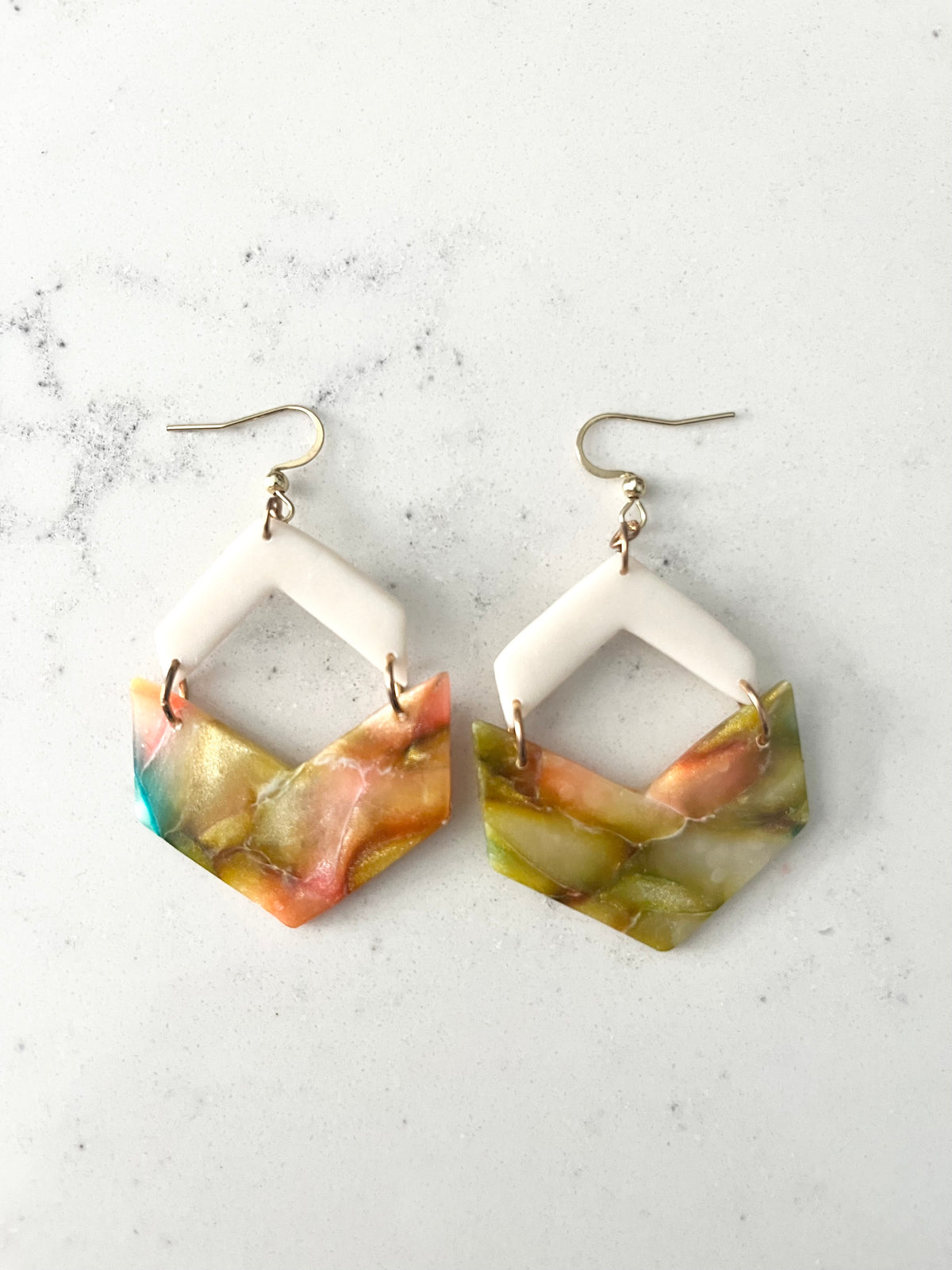 White Sparkly and Green Marbled Chevron Dangle Earrings