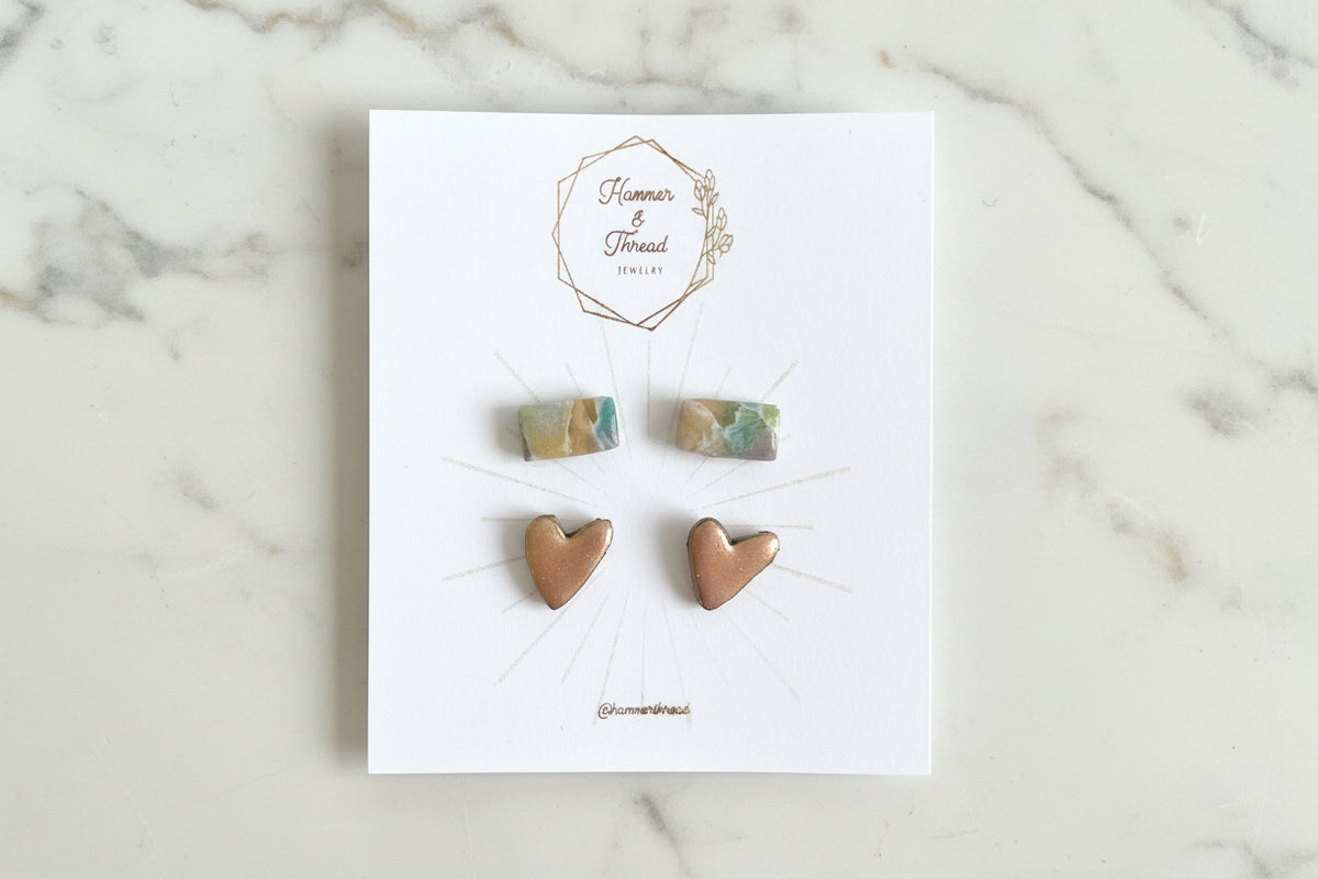 Faux Stone Bar & Rosy Golden Hearts Stud earrings Pack, handmade polymer clay — Hammer & Thread
