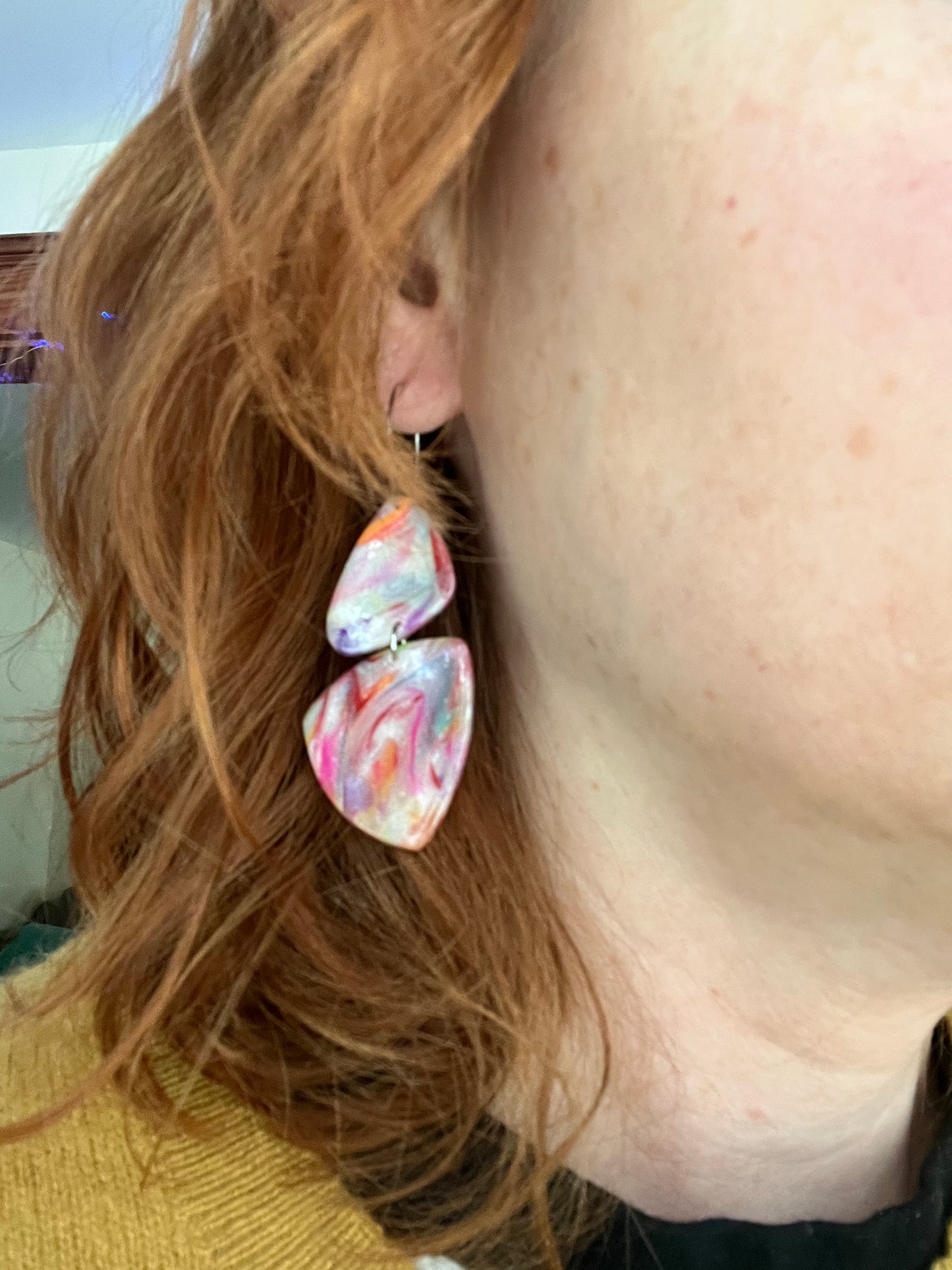 Rainbow swirl pebble dangle hoop earrings, handmade polymer clay — Hammer & Thread