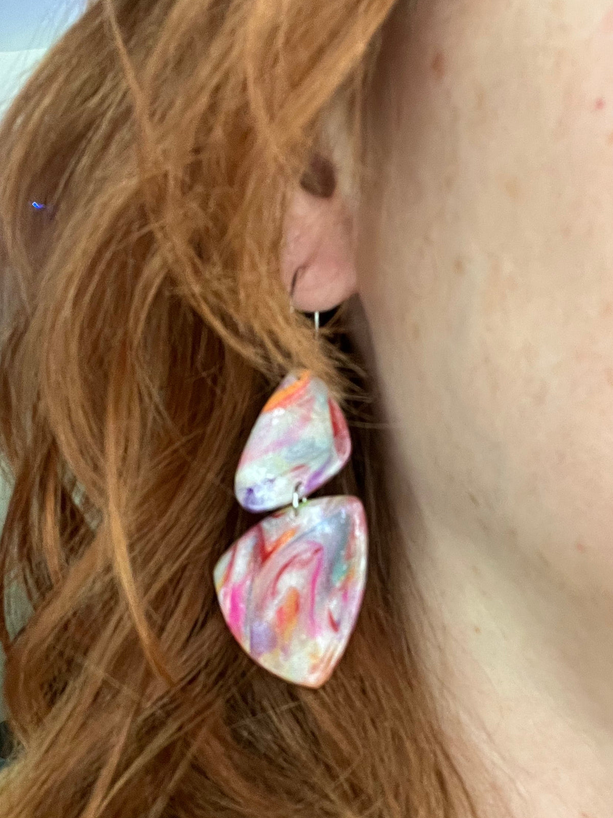 Rainbow swirl pebble dangle hoop earrings, handmade polymer clay — Hammer & Thread