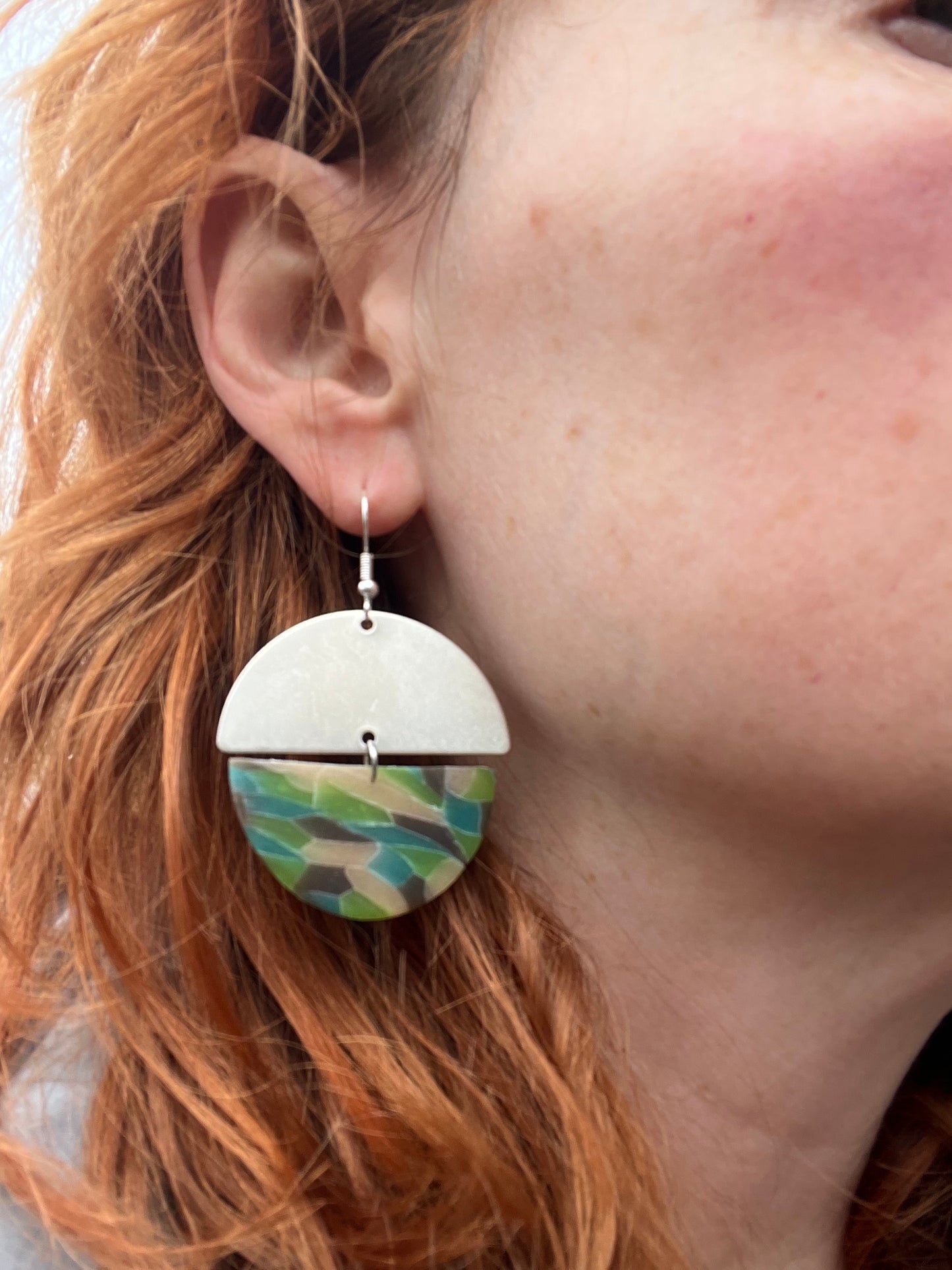 Aqua Mosaic Sterling Silver Semi Circle Dangle Earrings