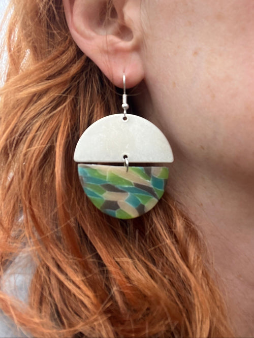 Aqua mosaic sterling silver semi circle dangle earrings, handmade polymer clay — Hammer & Thread
