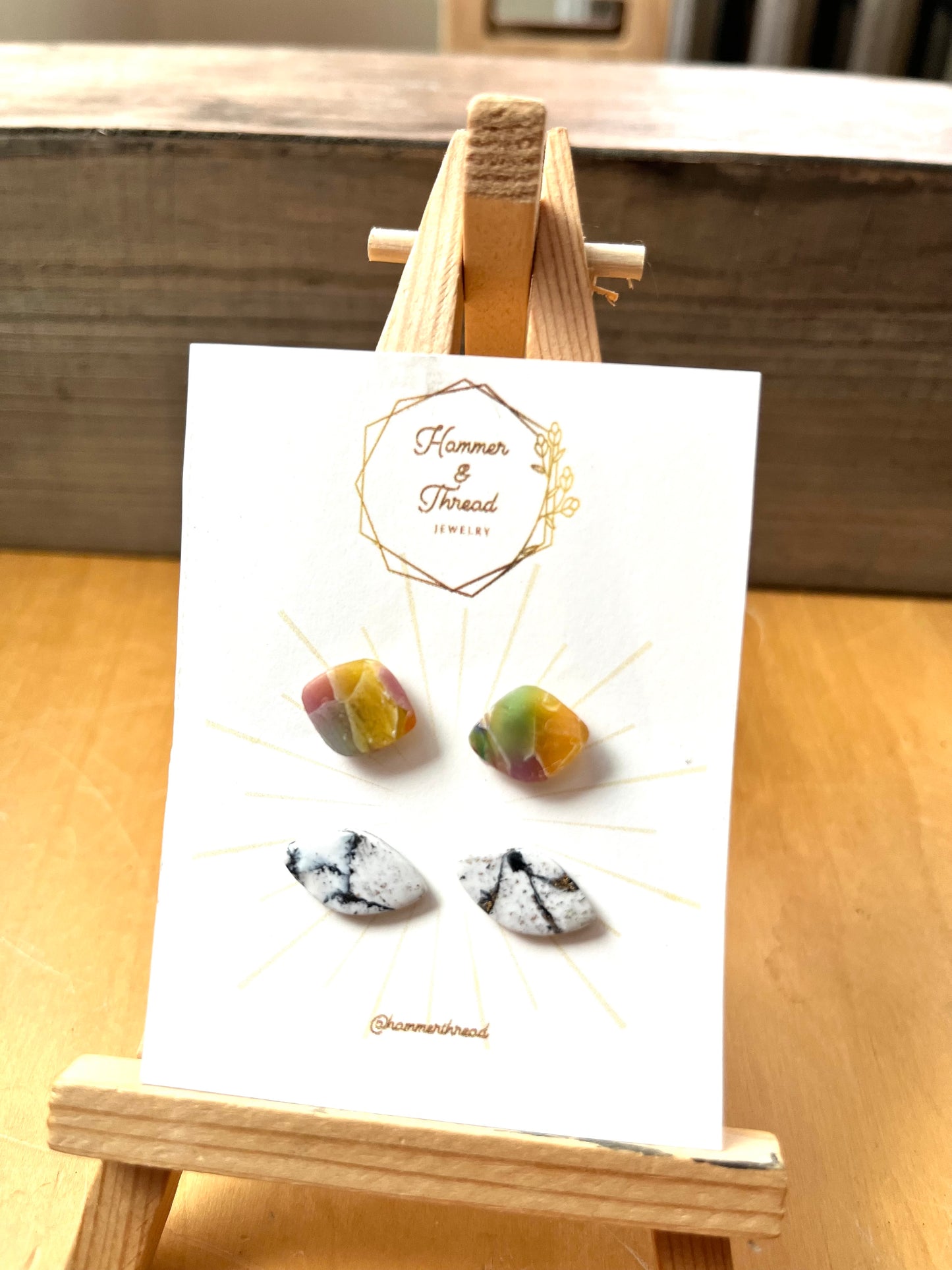 Sunlit mosaic diamond and white marble diamond stud earring pack, handmade polymer clay — Hammer & Thread