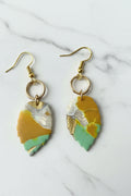 Yellow ochre mint leaf dangle earrings, handmade polymer clay — Hammer & Thread