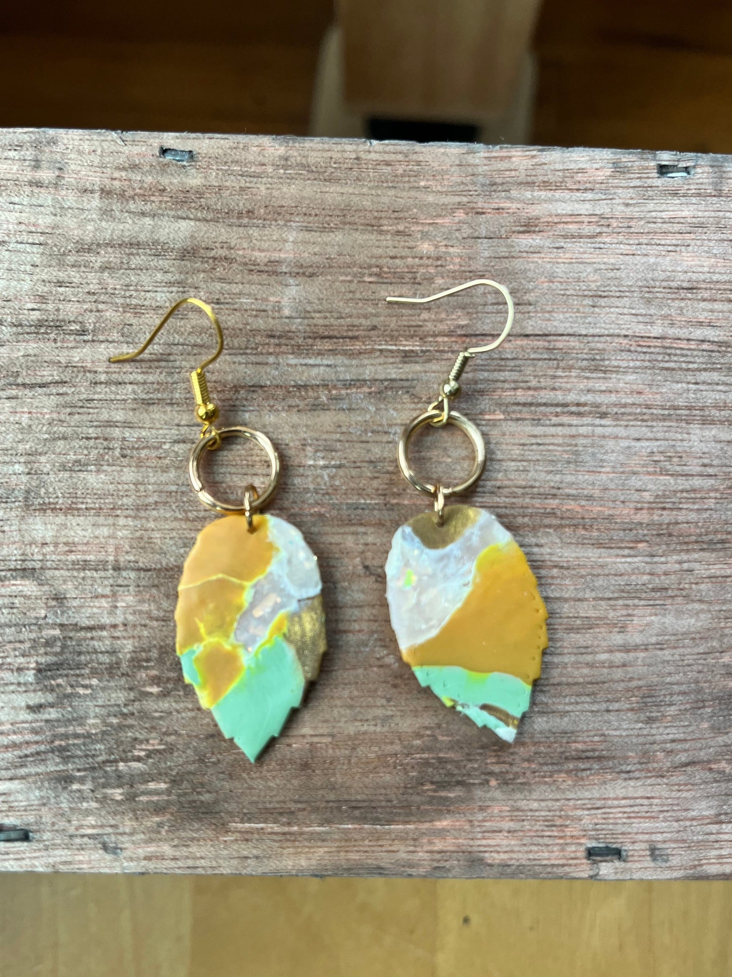 Yellow ochre mint leaf dangle earrings, handmade polymer clay — Hammer & Thread
