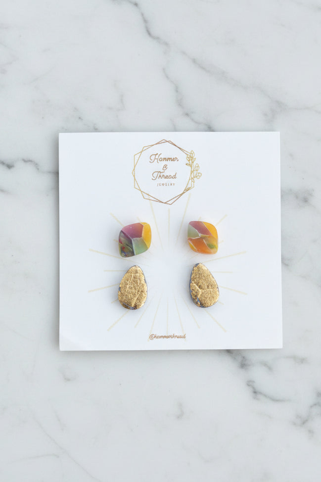 Mosaic rainbow and gold geometric stud earring set, handmade polymer clay — Hammer & Thread