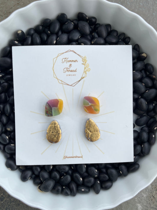 Mosaic Rainbow and Gold Geo Stud Earring Set
