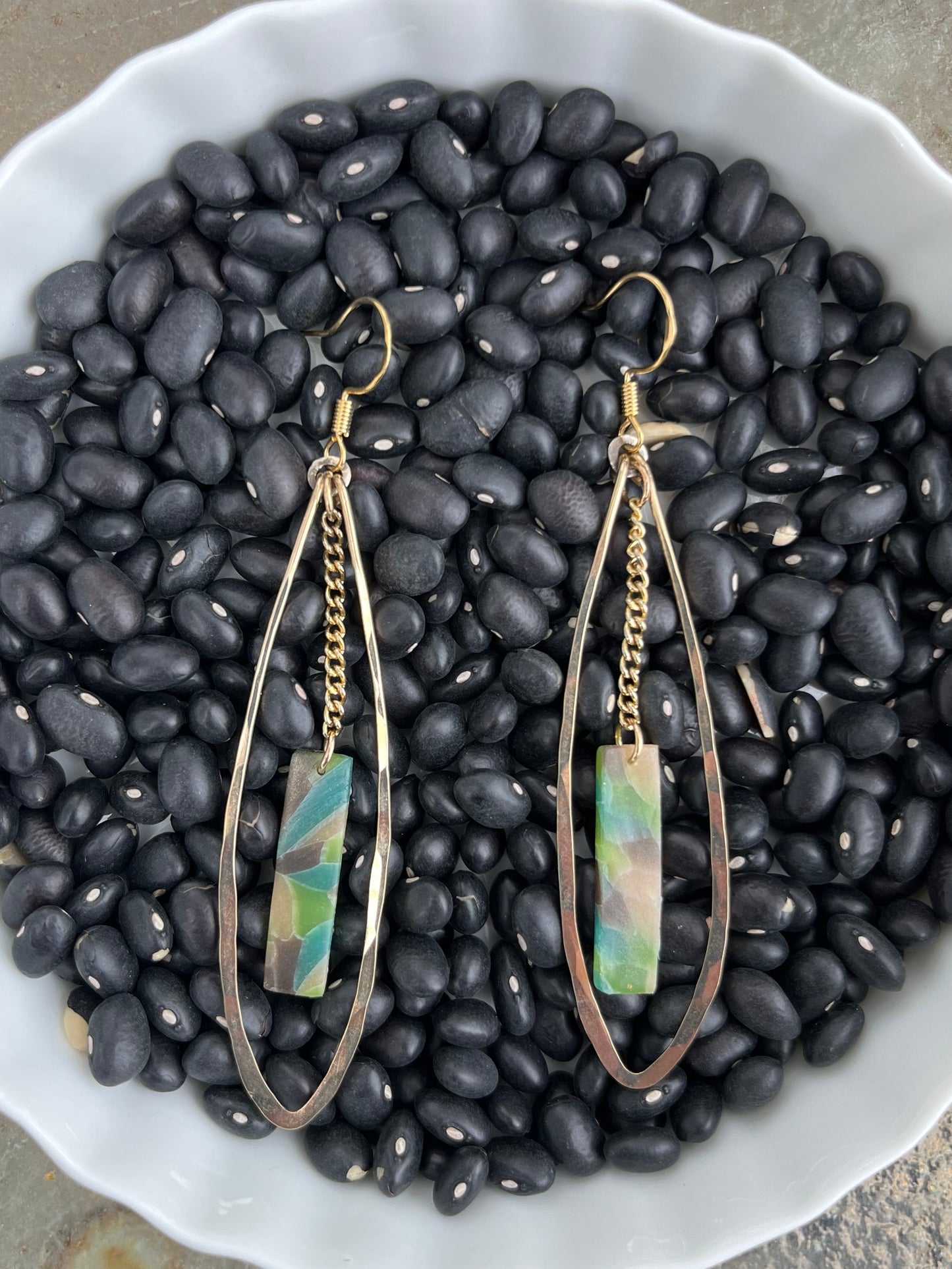 Hammered Oval Aqua Mosaic Dangle Earrings