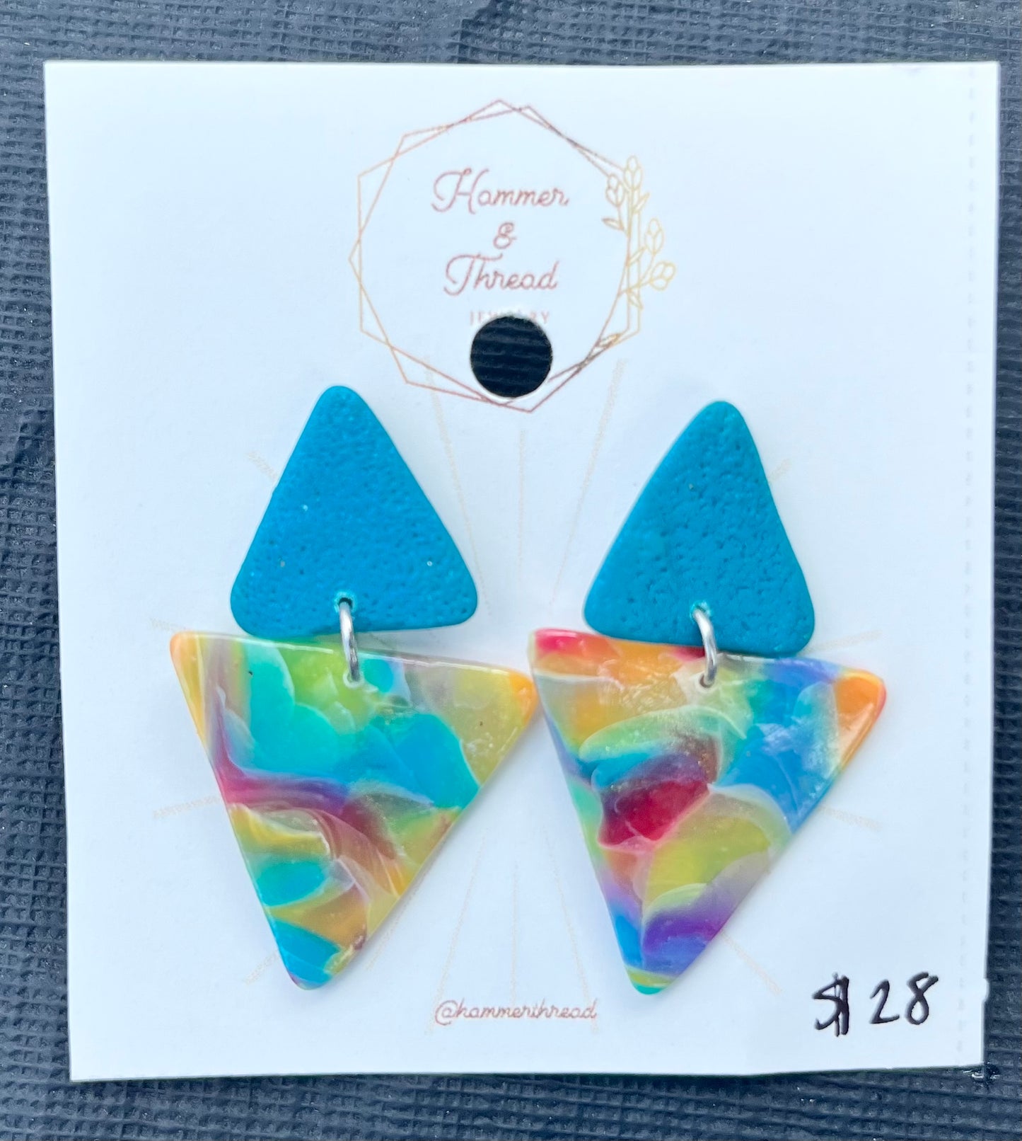 Teal & Rainbow Triangle Stud Dangle Earrings