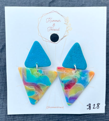 Teal & Rainbow Triangle Stud Dangle Earrings
