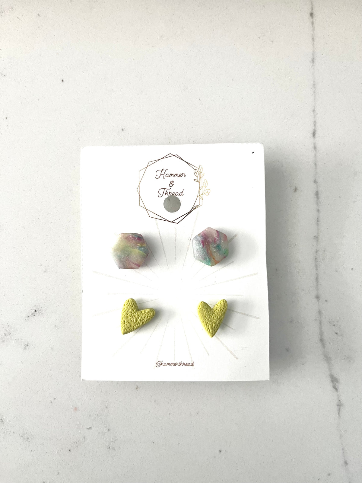 Rainbow Hexagon & Chartreuse Heart Stud Earring Pack