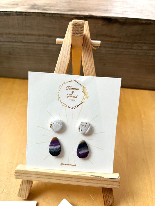 White gold sparkle circle and purple agate stud earring pack, handmade polymer clay — Hammer & Thread