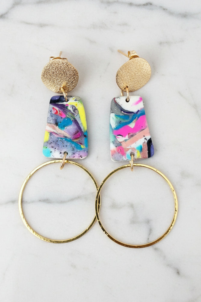 Technicolor modern geometric dangle earrings, handmade polymer clay — Hammer & Thread