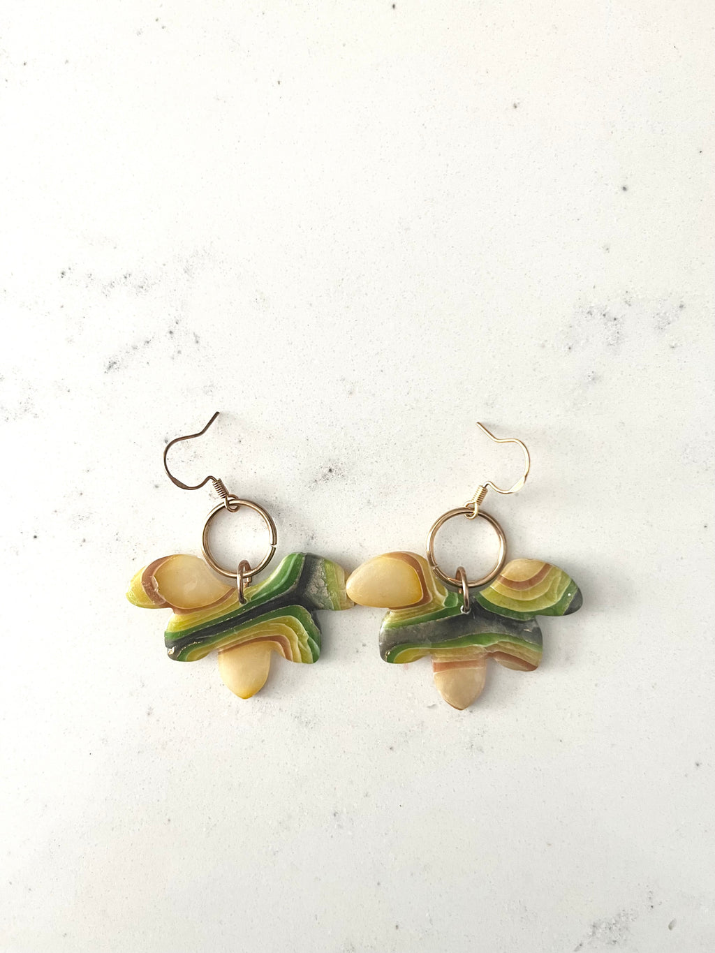 Green Faux Agate Wing and Brass Circle Dangle Earrings