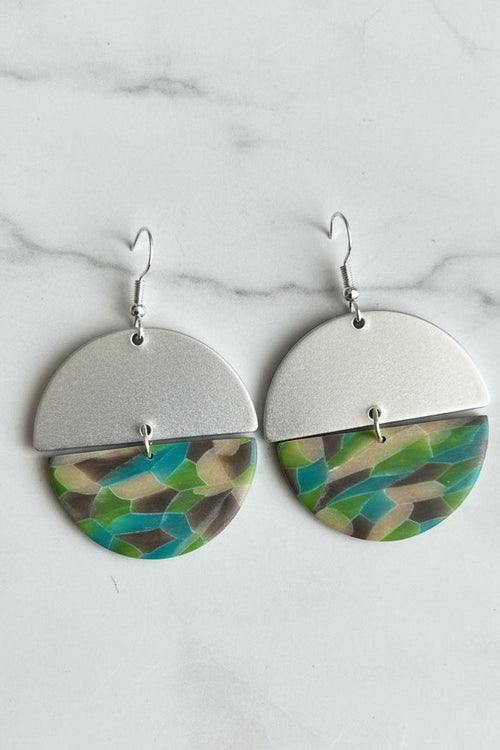 Aqua mosaic sterling silver semi circle dangle earrings, handmade polymer clay — Hammer & Thread