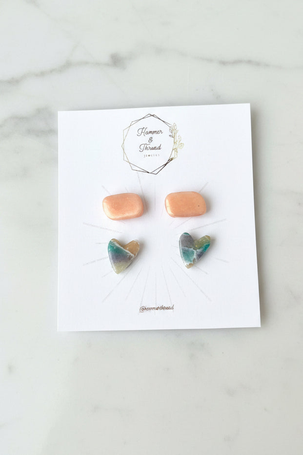 pebbles and hearts stud earrings, handmade polymer clay — Hammer & Thread