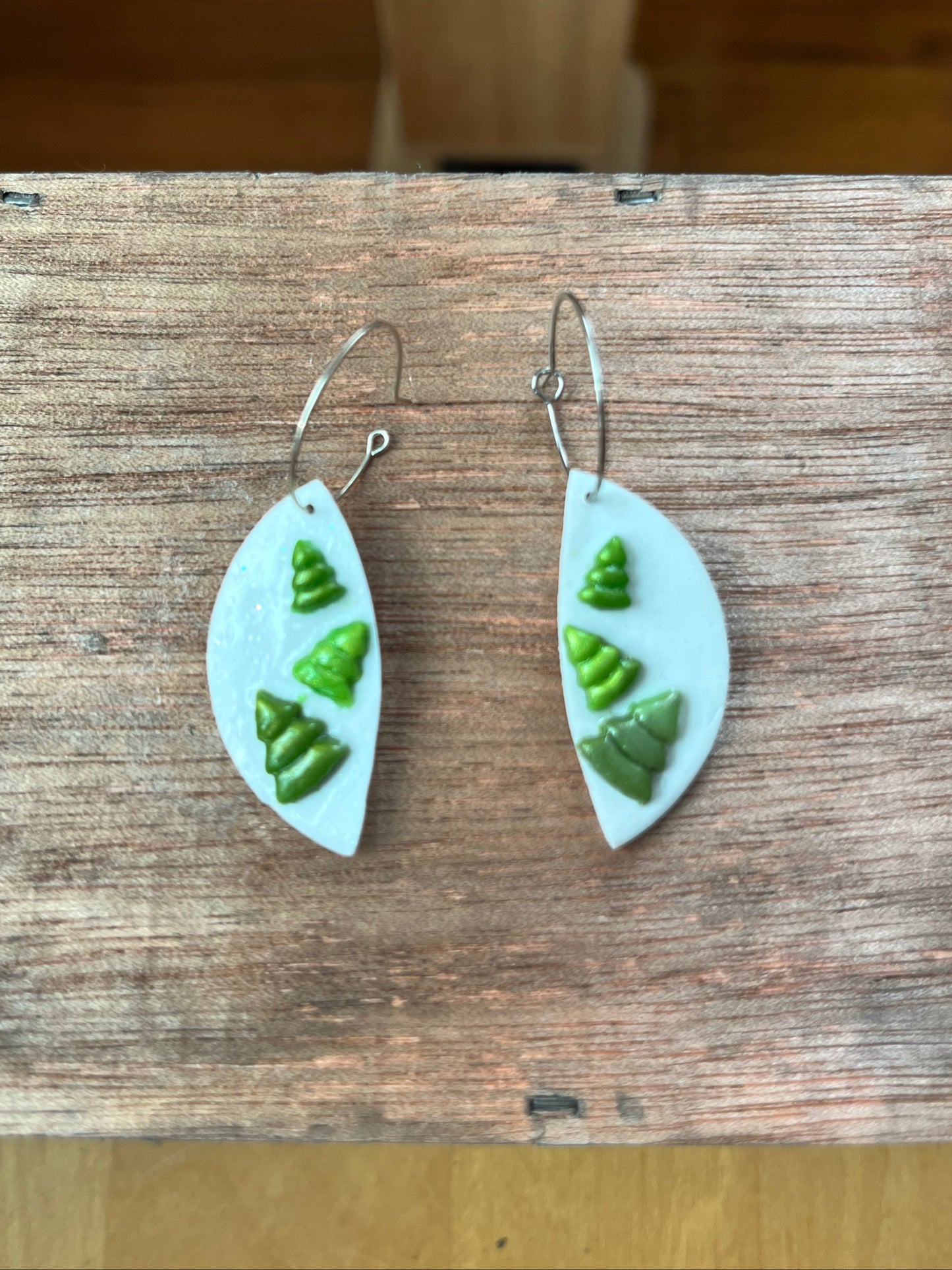 Tiny tree trio white glitter dangle hoop earrings, handmade polymer clay — Hammer & Thread