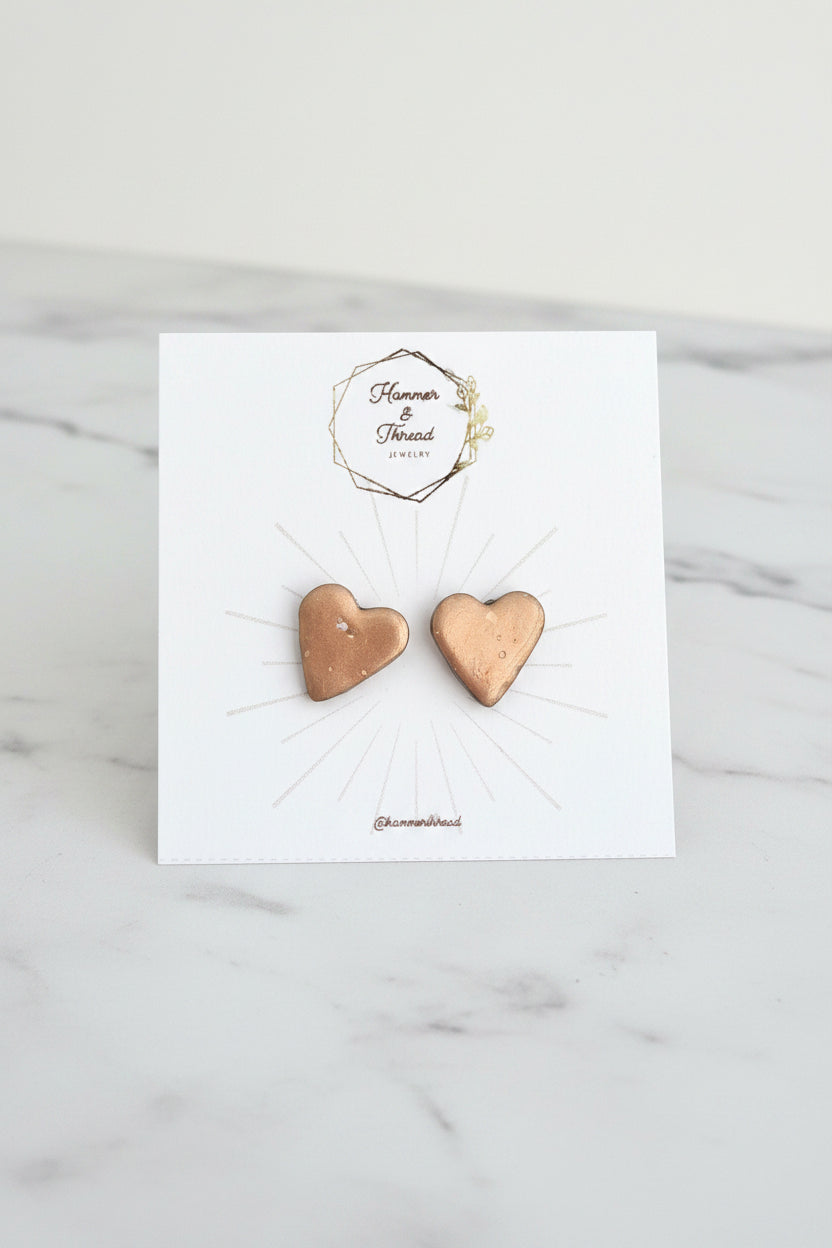 rosy golden heart stud earrings, handmade polymer clay — Hammer & Thread