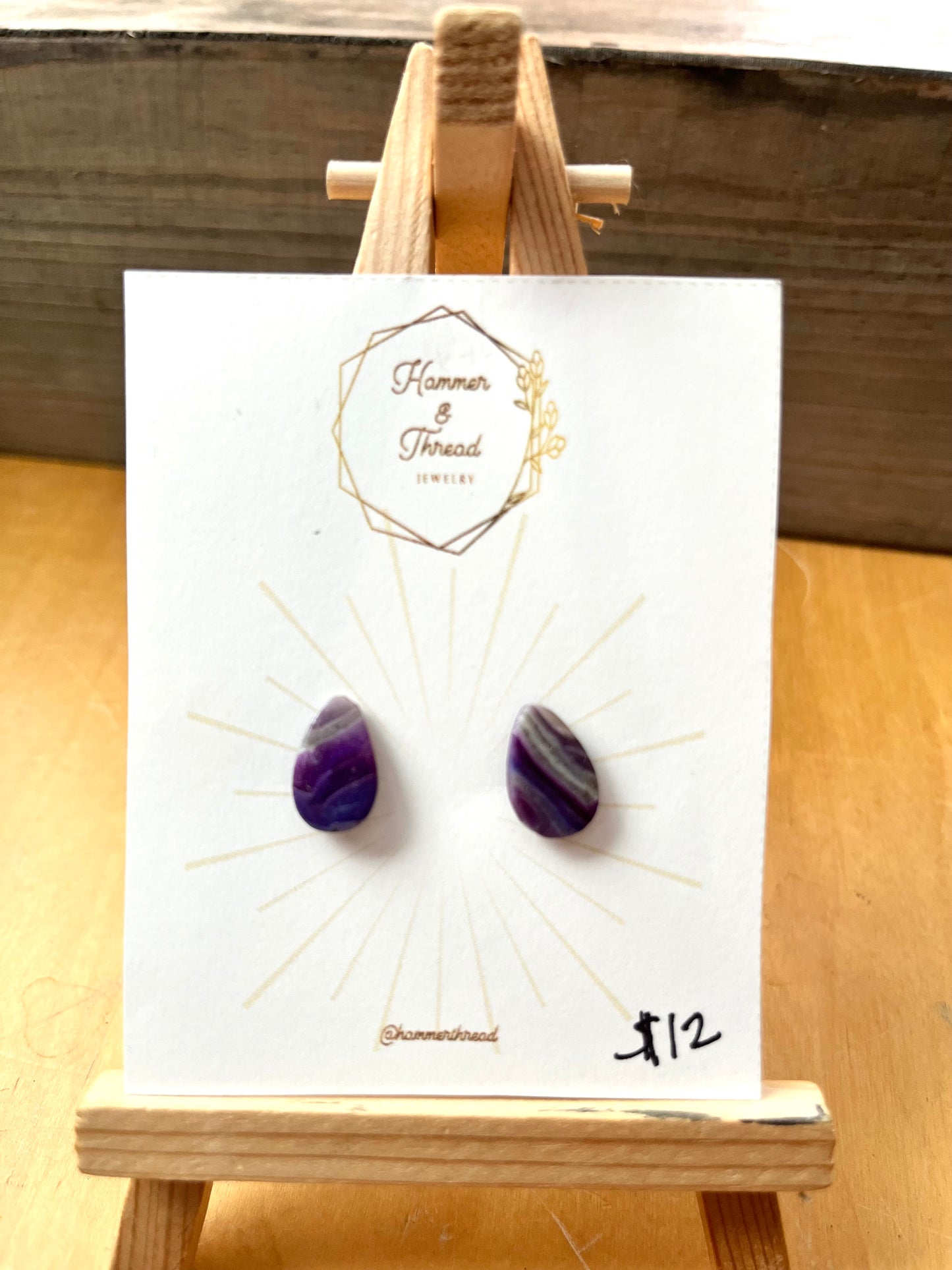Purple agate teardrop stud earrings, handmade polymer clay — Hammer & Thread