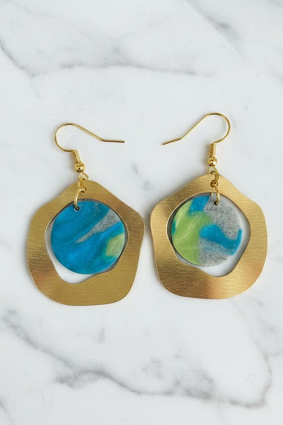 Blue and green marble wavy circle dangle earrings, handmade polymer clay — Hammer & Thread