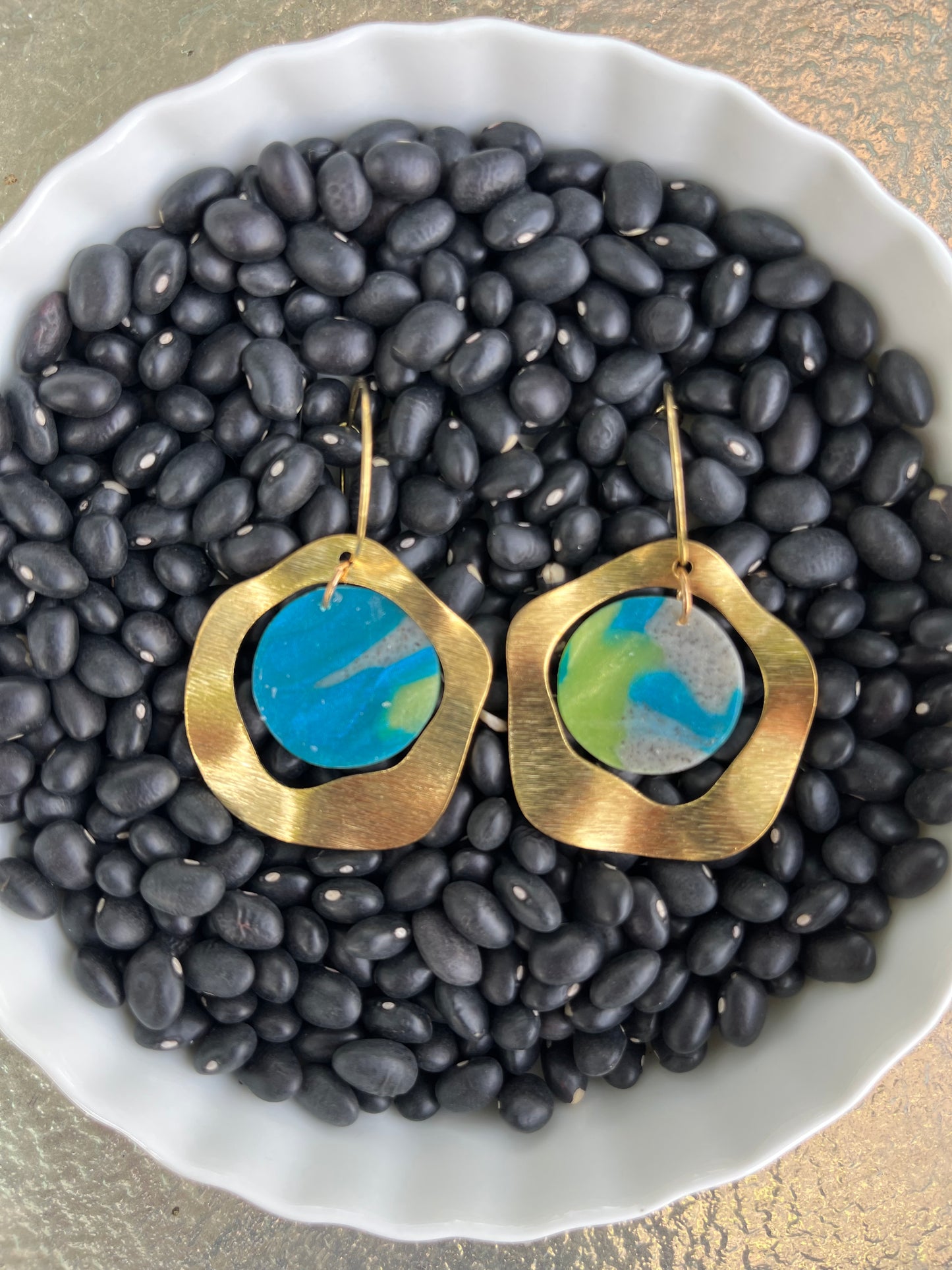 Wavy Circle Blue & Green Marble Earrings