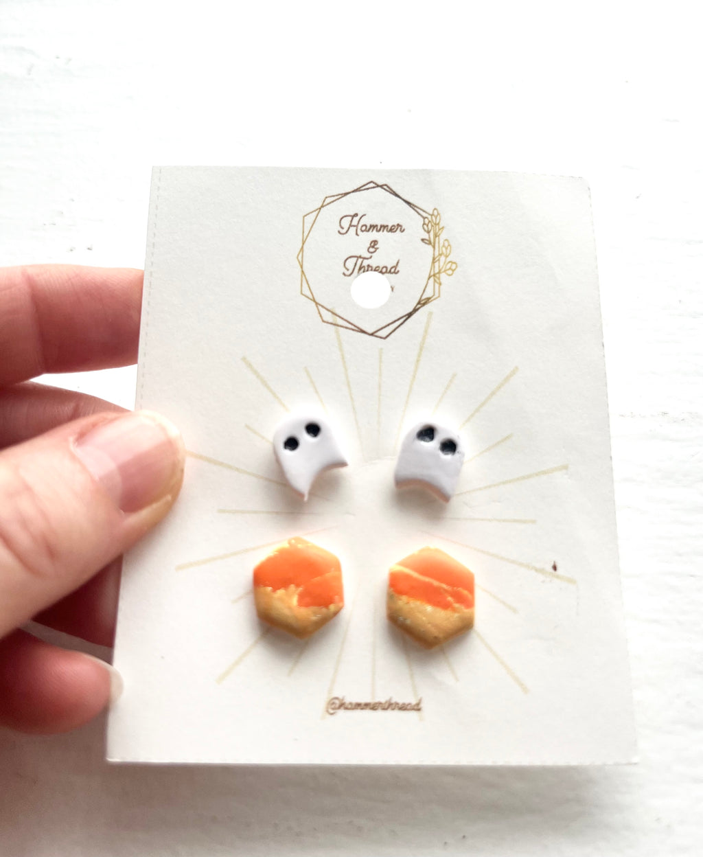 Ghost & Orange Hexagon Stud Earrings Pack