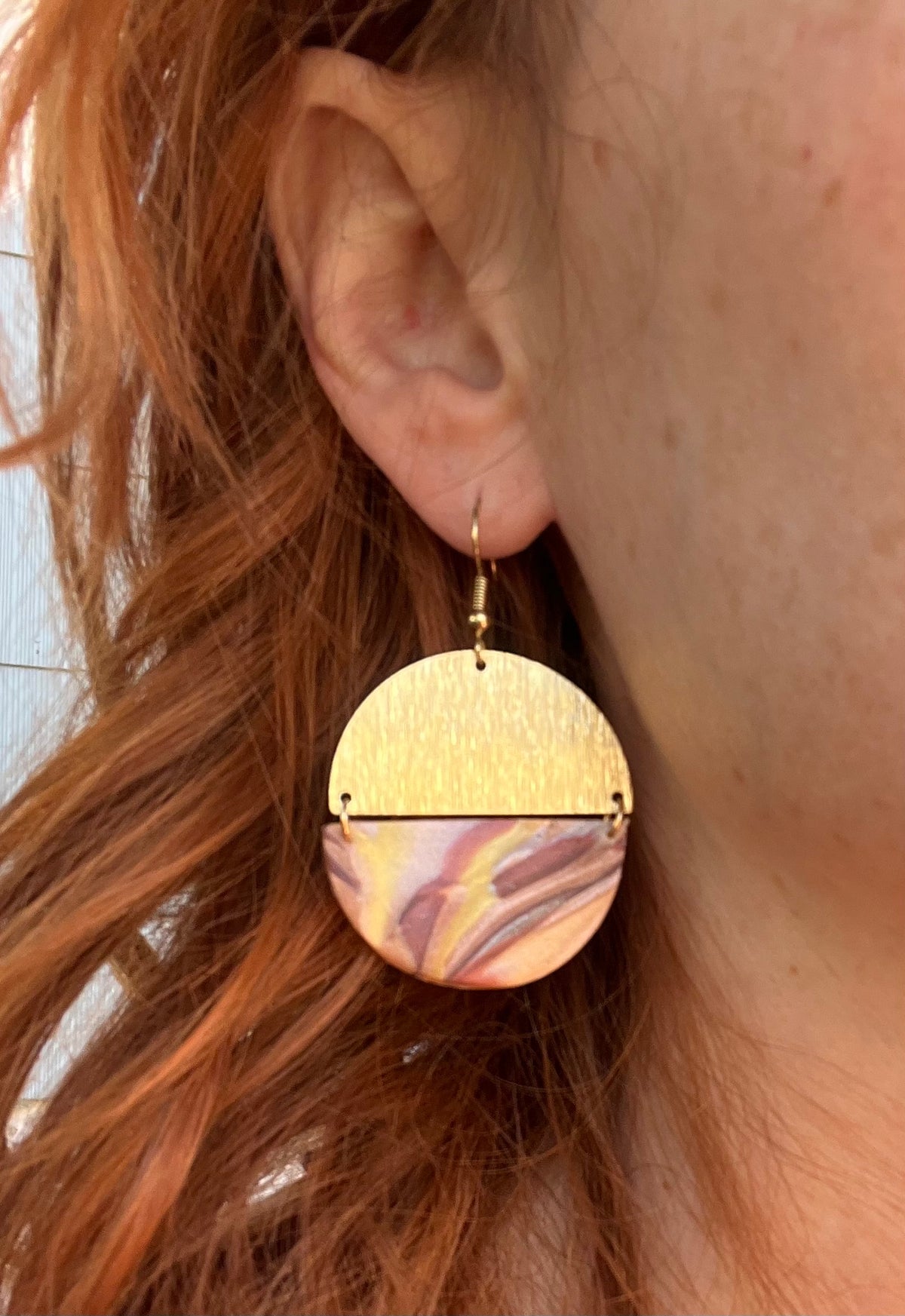 Metallic mocha semi circle dangle earrings, handmade polymer clay — Hammer & Thread