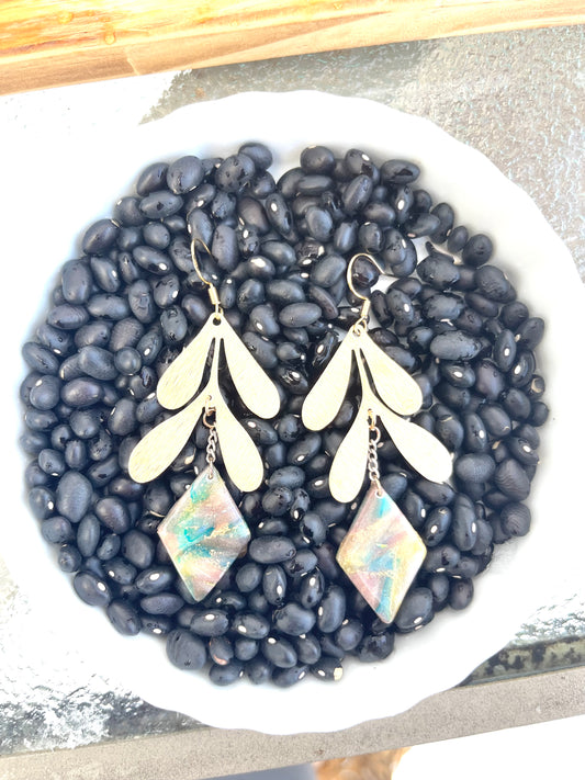 Faux Stone Diamond Leaf Chain Dangle Earrings