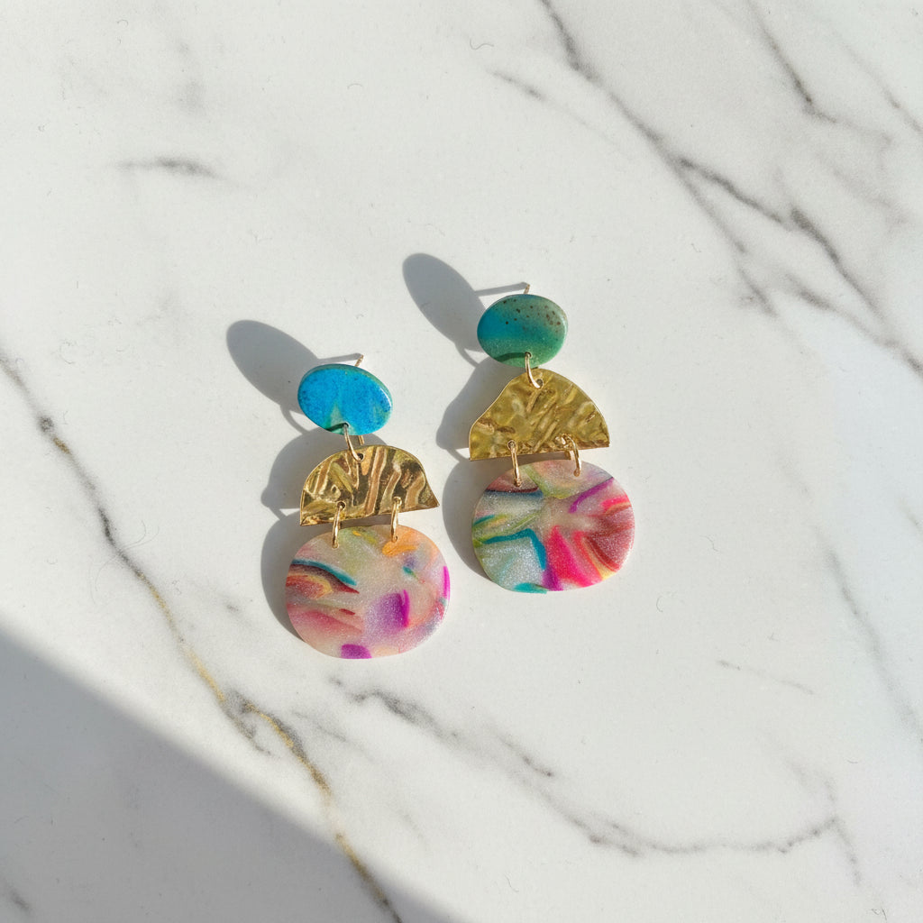 Rainbow marble tiered dangle earrings, handmade polymer clay — Hammer & Thread