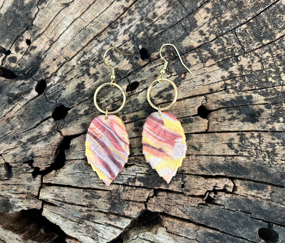 Metallic mocha leaf dangle earrings, handmade polymer clay — Hammer & Thread