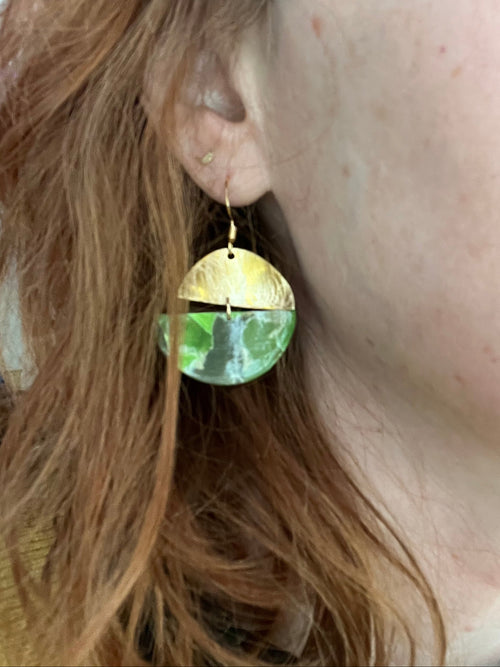 Bright green marble brass semi circle dangle earrings, handmade polymer clay — Hammer & Thread