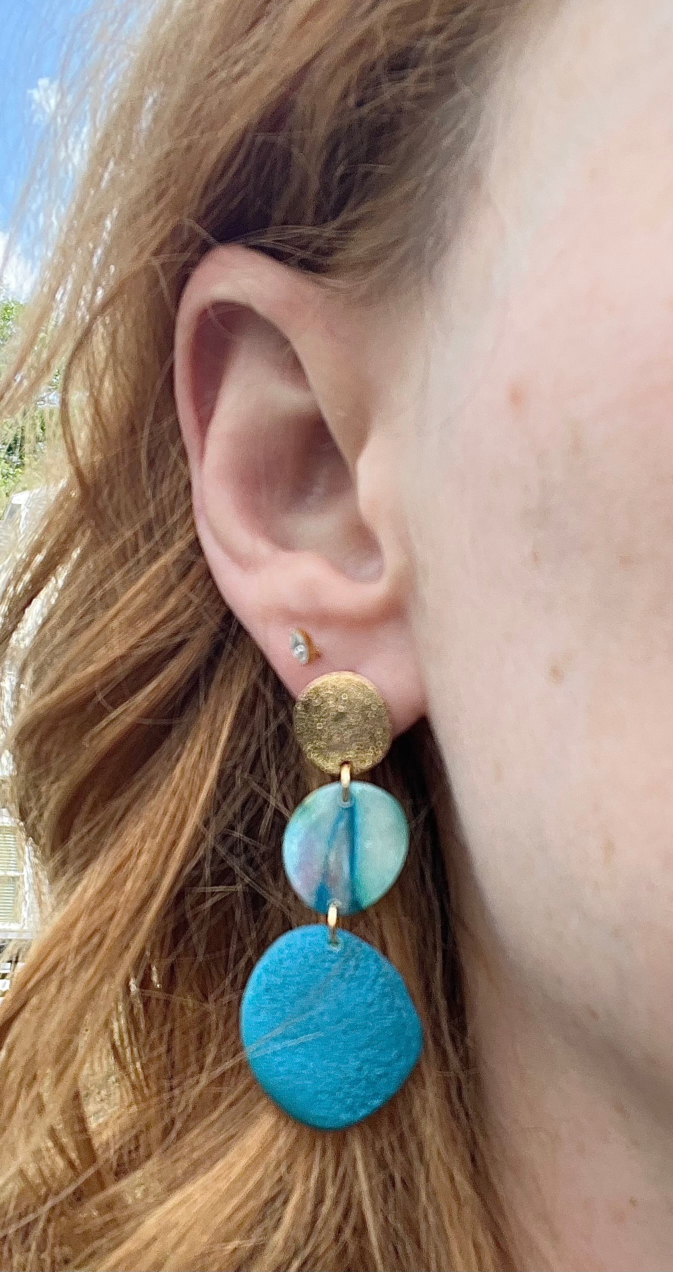 Teal, Gold & Watercolor Pebble Tiered Dangle Earrings