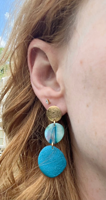 Teal, Gold & Watercolor Pebble Tiered Dangle Earrings
