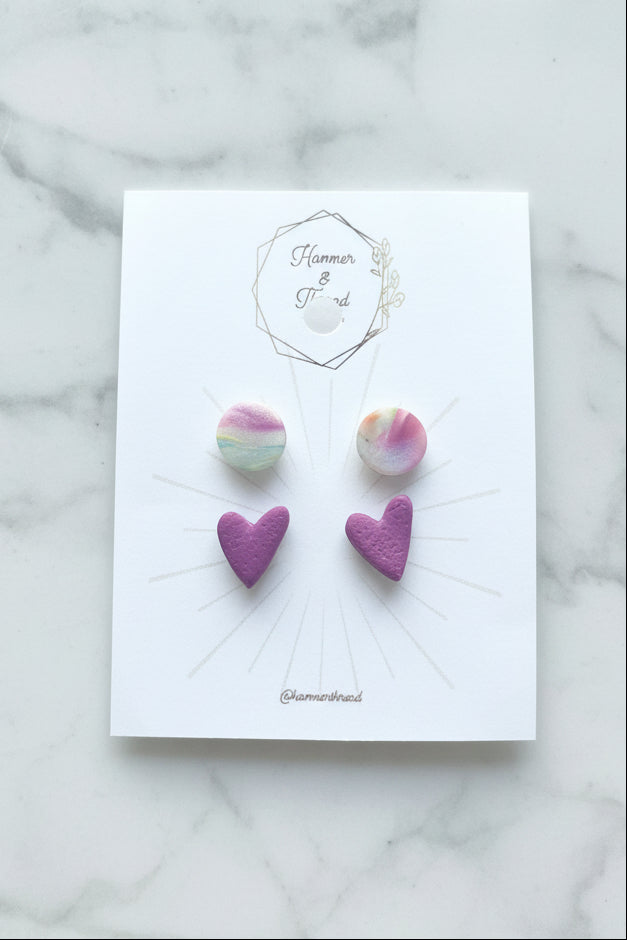 Matte Rainbow Circle & Magenta Heart Stud Earring Pack
