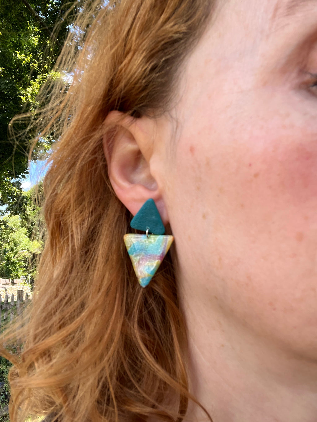 Teal & Rainbow Triangle Stud Dangle Earrings